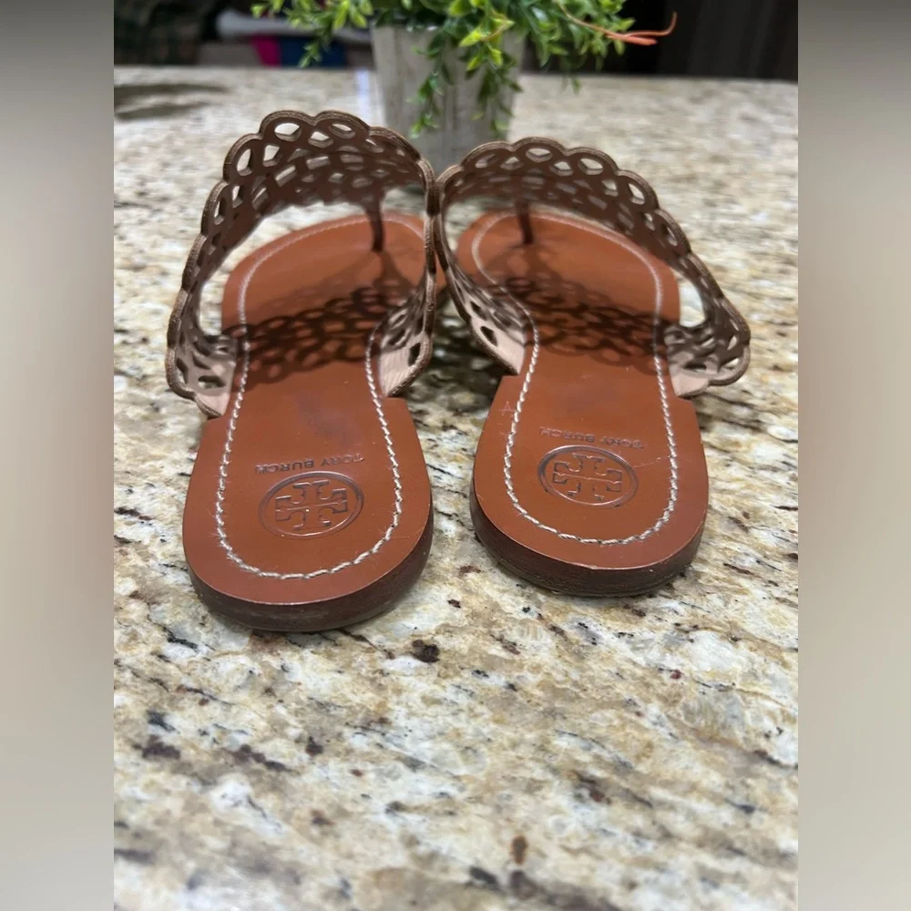 Tory Burch Leather Lasercut Accent Brown Slides 9.5